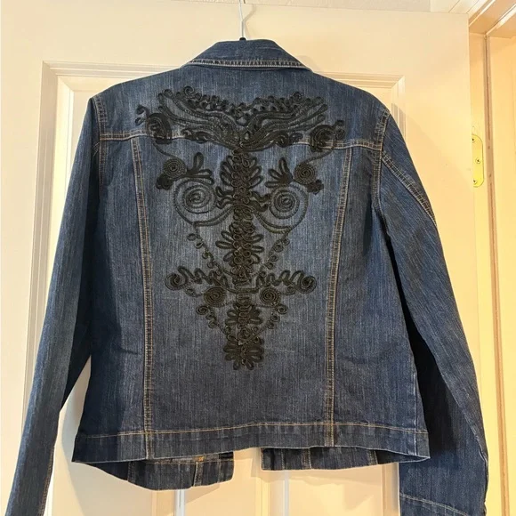 Chico's Blue and Black Embroidered Jean Jacket - Picture 2 of 5